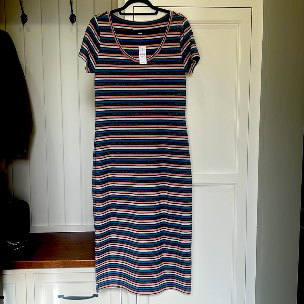 Loft Blue Pink Gray Striped Medium Sparkly Glitter Maxi Dress Short Sleeve NWT